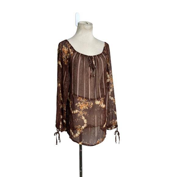 Brown floral long sleeves sheer tunic top Size Large - Picture 10 of 10